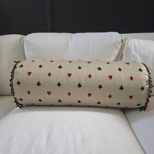 Decorative Bolster Pillow with a playing card suit pattern Beaded Trim 24x9
